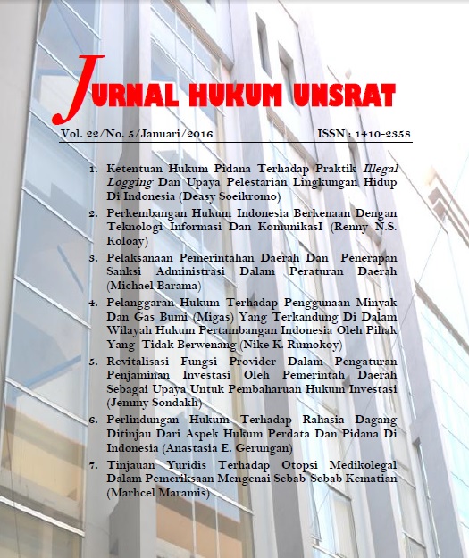 					View Vol. 22 No. 5 (2016): JURNAL HUKUM UNSRAT
				