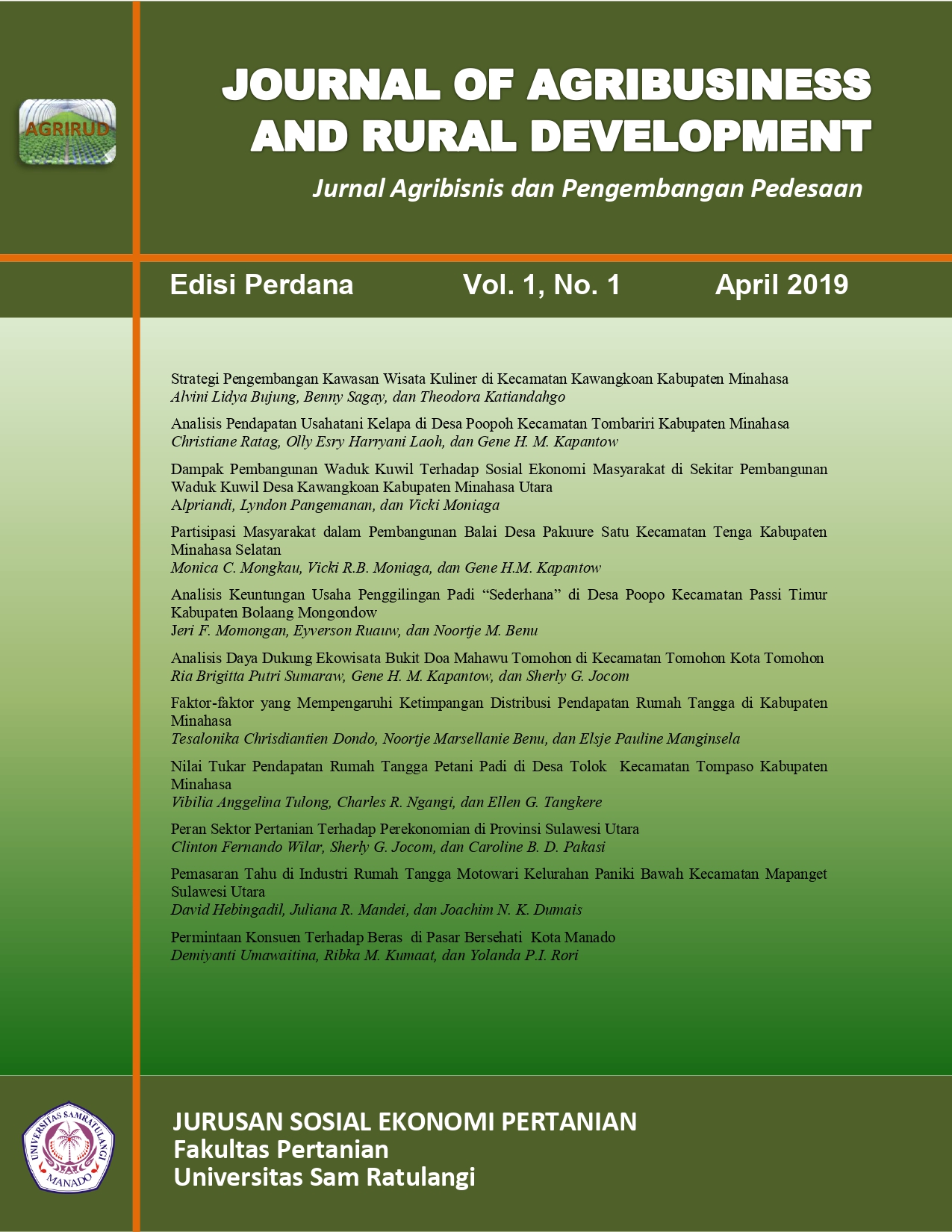 					View Vol. 1 No. 2 (2019): Journal of Agribusiness and Rural Development (Jurnal Agribisnis dan Pengembangan Pedesaan) - April 2019
				