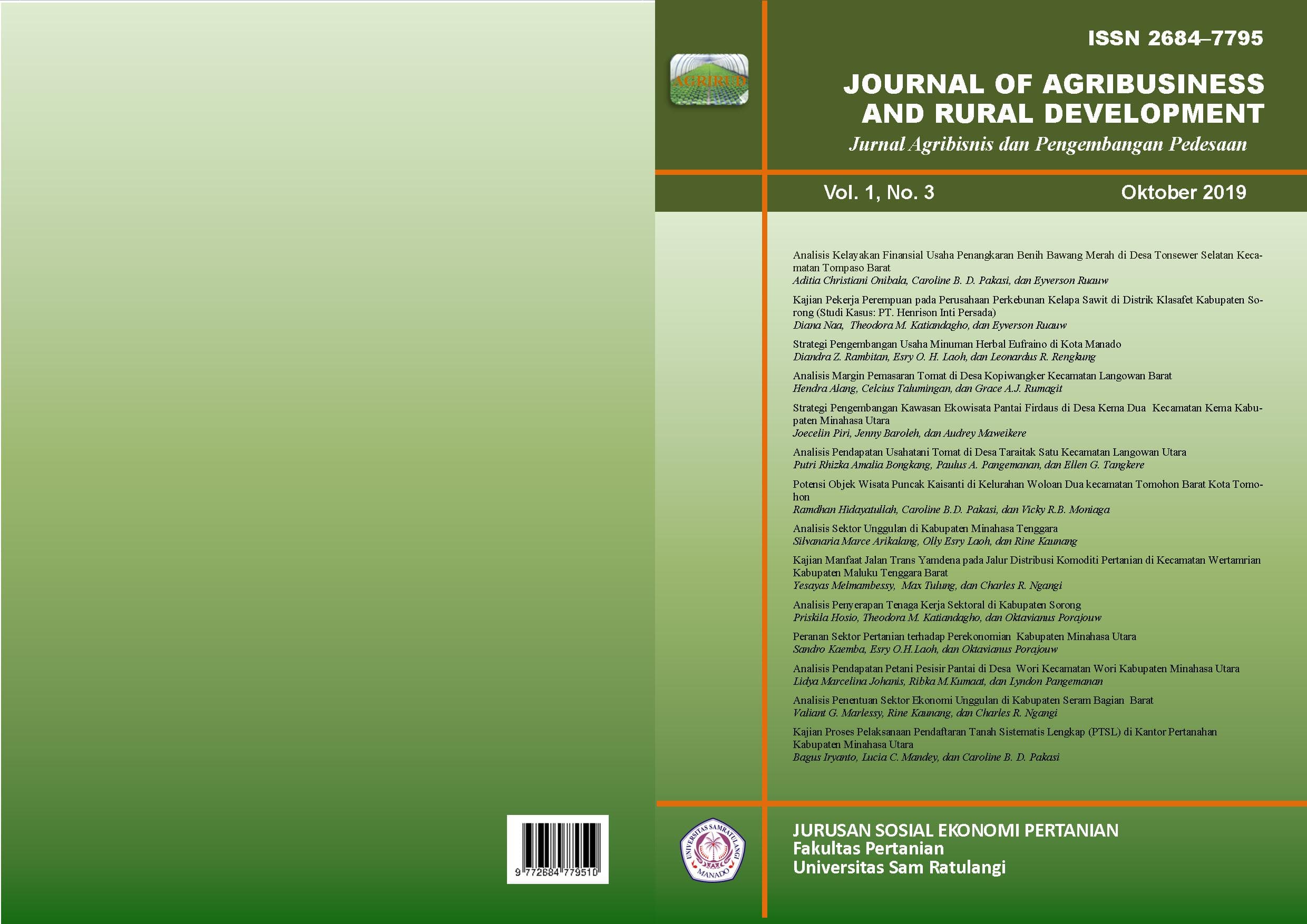 					View Vol. 1 No. 4 (2019): Journal of Agribusiness and Rural Development (Jurnal Agribisnis dan Pengembangan Pedesaan) - Oktober 2019
				