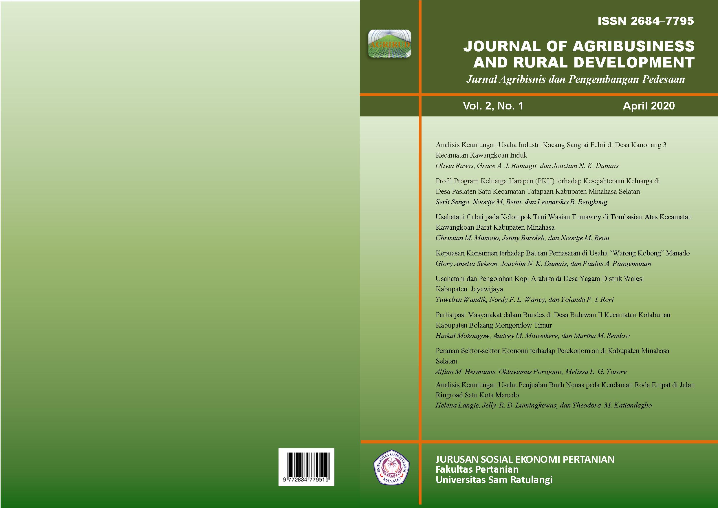 					View Vol. 2 No. 1 (2020): Journal of Agribusiness and Rural Development (Jurnal Agribisnis dan Pengembangan Pedesaan) - April 2020
				