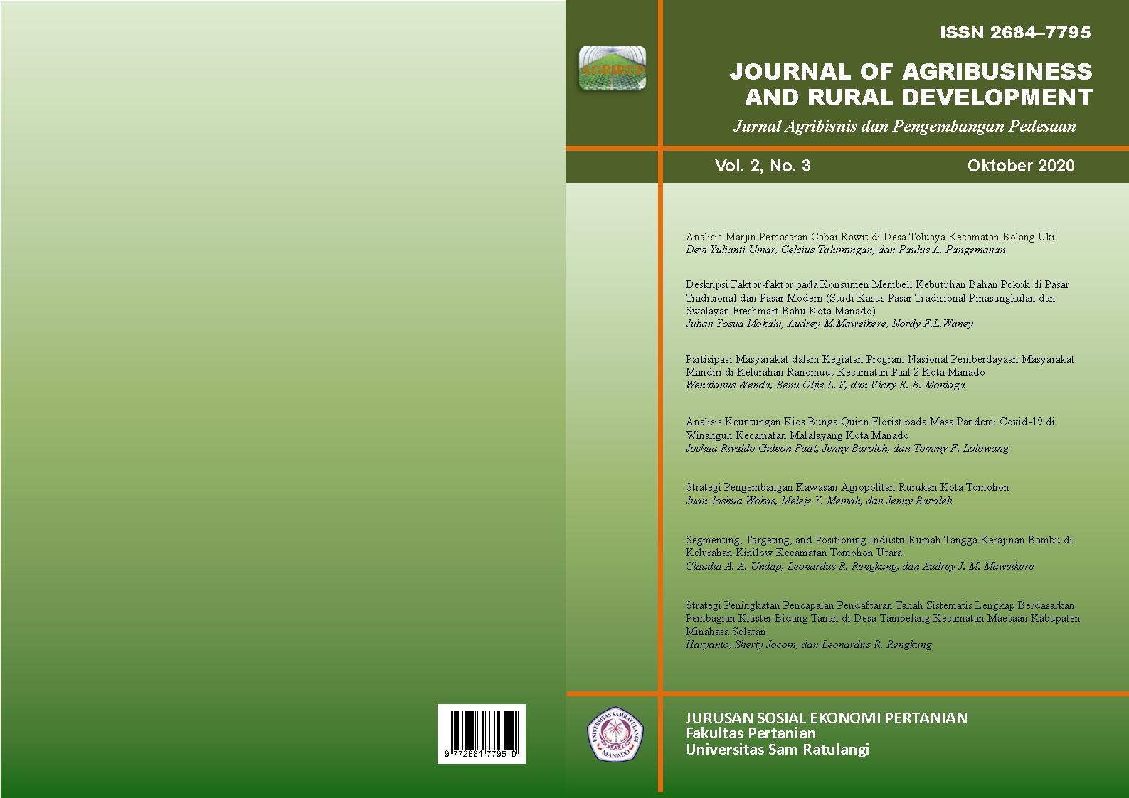 					View Vol. 2 No. 3 (2020): Journal of Agribusiness and Rural Development (Jurnal Agribisnis dan Pengembangan Pedesaan) - Oktober 2020
				