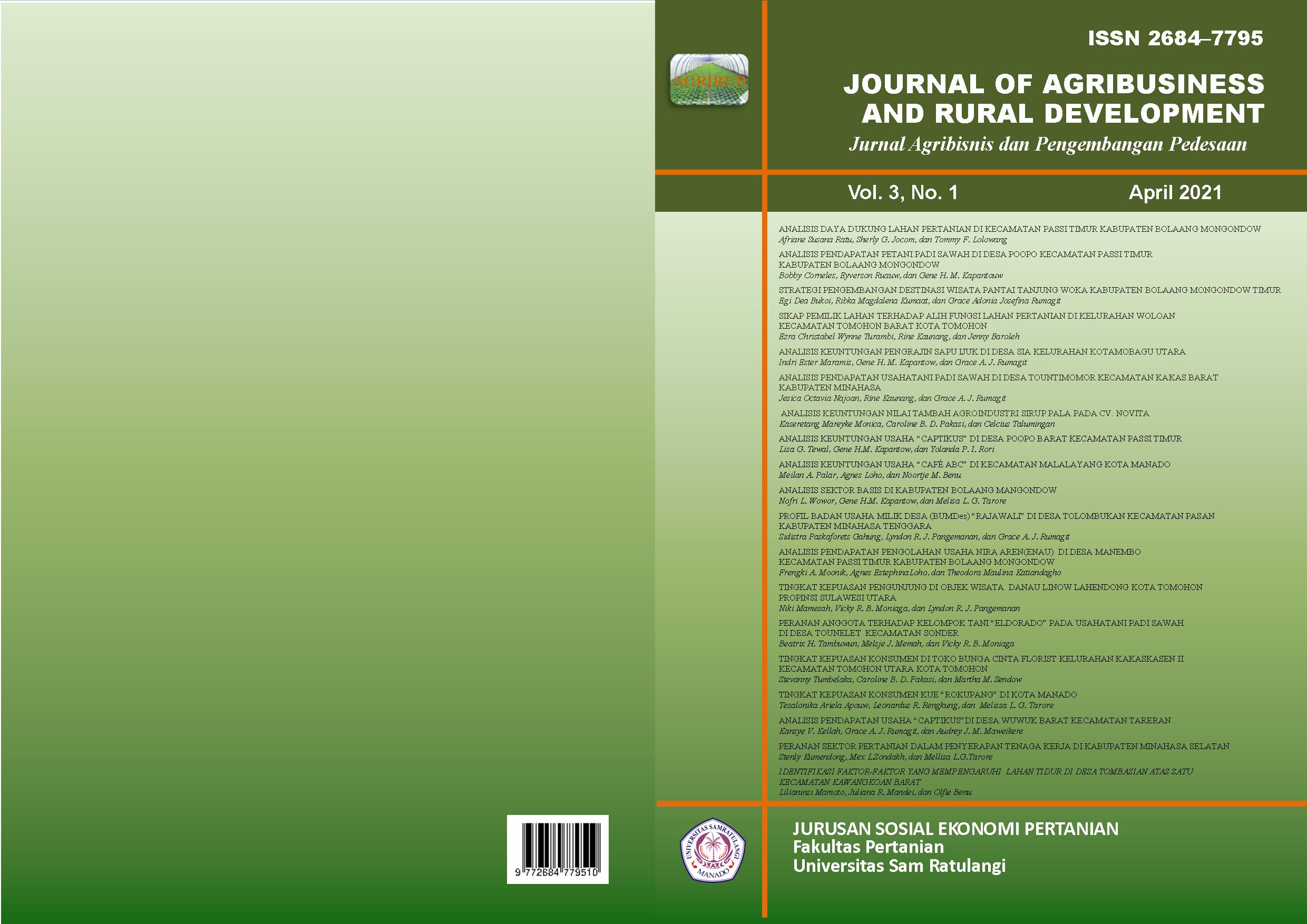 					View Vol. 3 No. 1 (2021): Journal of Agribusiness and Rural Development (Jurnal Agribisnis dan Pengembangan Pedesaan) - April 2021
				
