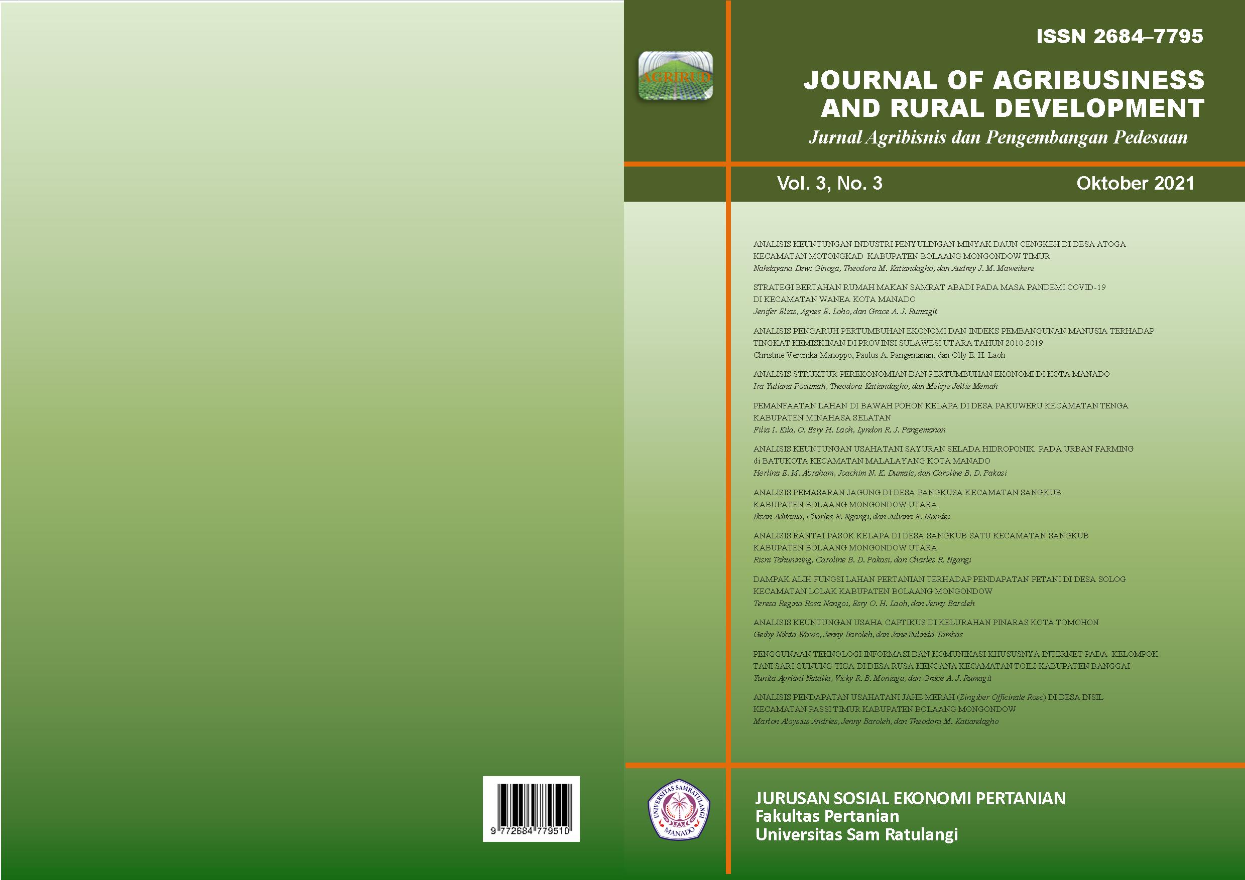					View Vol. 3 No. 3 (2021): Journal of Agribusiness and Rural Development (Jurnal Agribisnis dan Pengembangan Pedesaan) - Oktober 2021
				