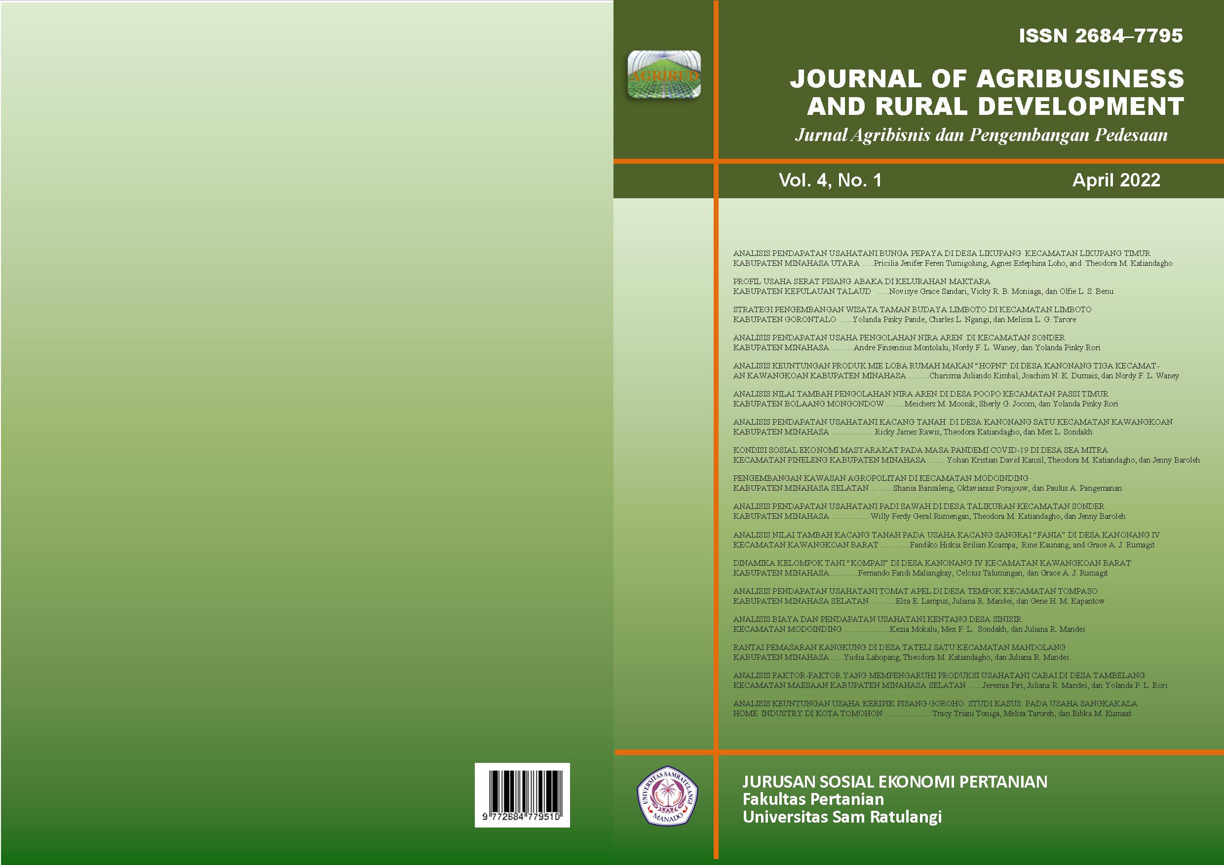 					View Vol. 4 No. 1 (2022): Journal of Agribusiness and Rural Development (Jurnal Agribisnis dan Pengembangan Pedesaan) - April 2022
				