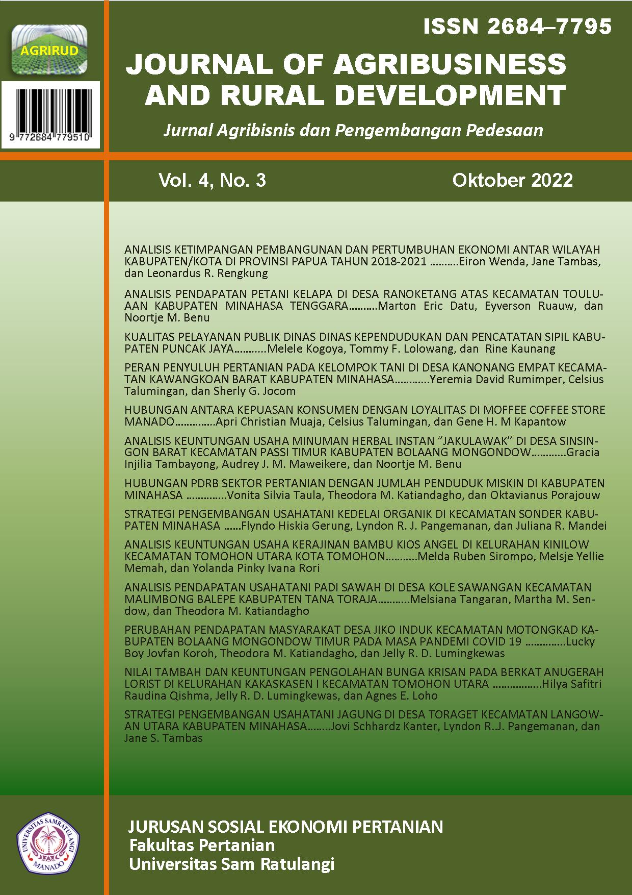 					View Vol. 4 No. 3 (2022): Journal of Agribusiness and Rural Development (Jurnal Agribisnis dan Pengembangan Pedesaan) - Oktober 2022
				